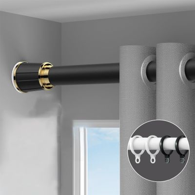 Vibeo No Drilling Window Curtain Rods with Curtain Rings, Adjustable Length Room Separation Blackout Rod, Metal Shower Curtain Rail Wall Mount(Black,0.5m-0.75m(1.7ft-2.4ft))