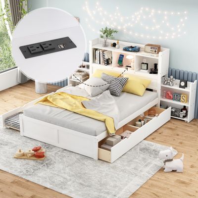 Mirightone Full Bed Frame with Storage Headboard with Charging Station, Wood Platform Bed with Trundle, Pull Out Shelves and Drawers for Kids Boys Girls, Noise Free, No Box Spring Needed, White
