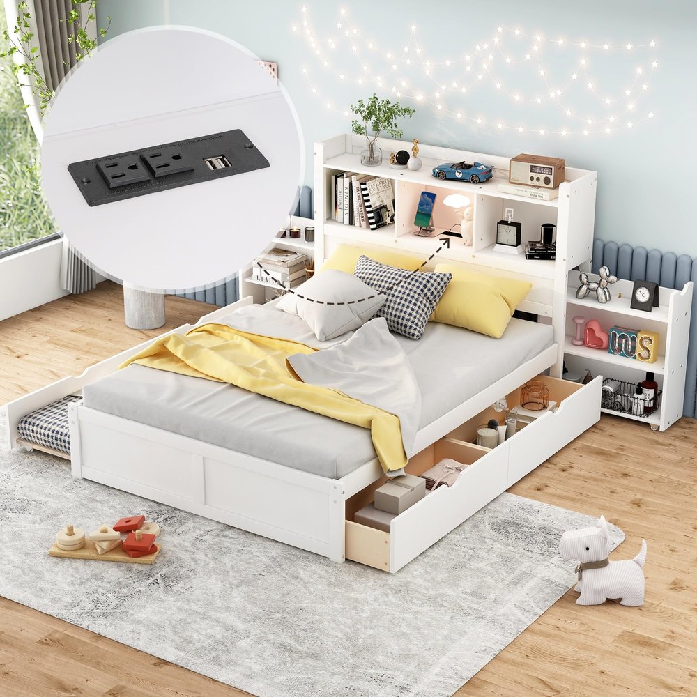 Mirightone Full Bed Frame with Storage Headboard with Charging Station, Wood Platform Bed with Trundle, Pull Out Shelves and Drawers for Kids Boys Girls, Noise Free, No Box Spring Needed, White