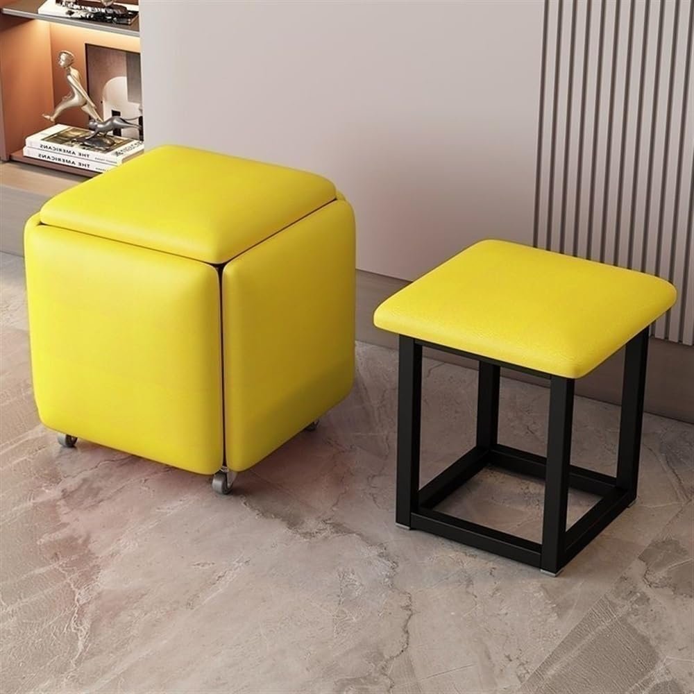 Multifunctional Stool, Storage Stool, Shoe Changing Stool, Foldable Stool, Five in 1, 5 in 1 Nesting Ottoman Stool, Rolling Ottoman Chair for Living Room and Bedroom(Yellow-Nappa leather,Small)