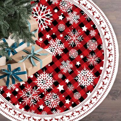 Snowflake Christmas Tree Skirt 48in Red Black Buffalo Plaid Christmas Tree Skirts Rustic Thick Xmas Tree Skirt with Snowflake Winter Happy New Year Decoration for Christmas (red +Black 48in)