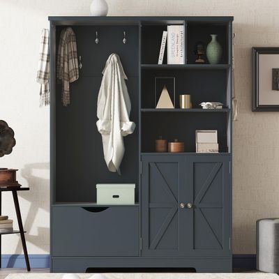 SIYSNKSI Multi-Functional Hall Tree with Storage Shelves Drawers and Cabinet, Elegant Hallway Shoe Cabinet with Bench, Modern Coat Rack with Hooks for Entrance Hallway Living Room (Antique Blue-VV2)