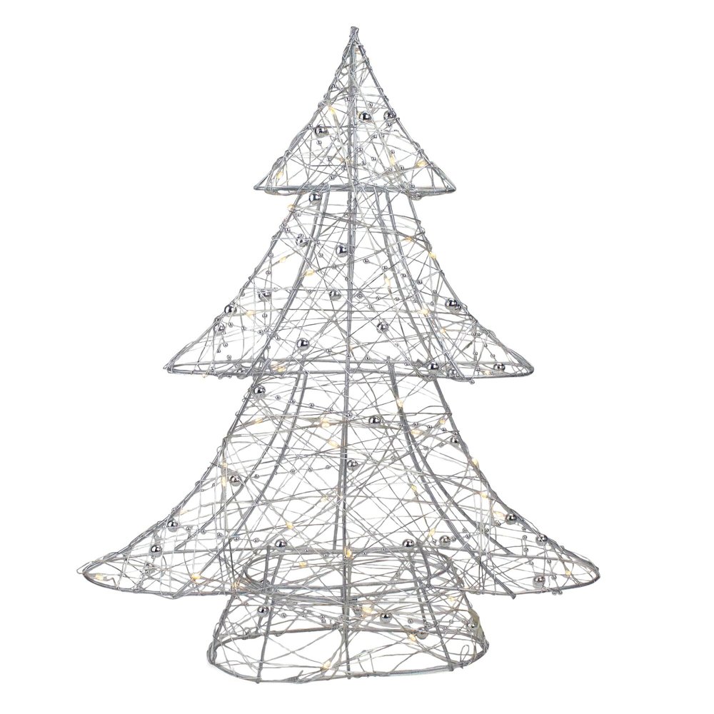 15.25" Led Lighted B/o Silver Wire and Bead Christmas Tree Warm White Lights Metal Led