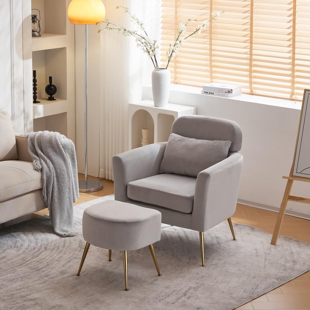 Chair with Ottoman Comfy ArmChair Footrest Set Comfortable Living Room Chairs Upholstered Club Tub Sofa Chair for Bedroom Reading Room,Ottoman Living Room Chair (Light Gray Flannelette 72 x 70 x 82CM)