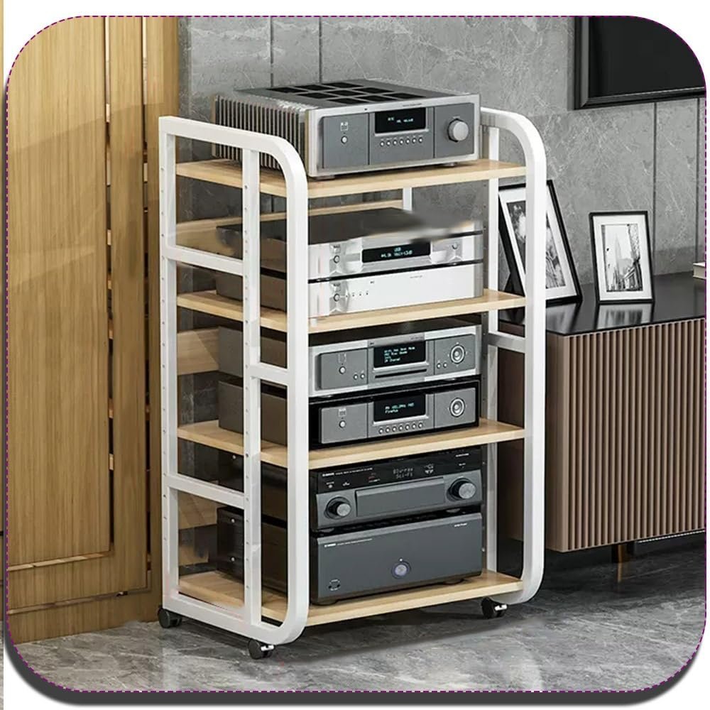 NILZA 3-Tier AV Media Stand Corner Shelf Media Storage Cabinet, Audio Video Player Stand Cabinet Stereo Audio Rack with Height Adjustable(White+Walnut,4 Tier-high 89cm)