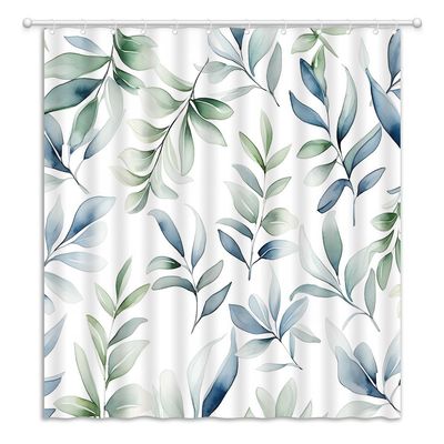 YOZSLGU Sage Green Leaves Shower Curtain Watercolor Blue Green Plant Minimalist Modern Fabric Bathroom Decor Curtains with Hooks, 70" Wx75 H