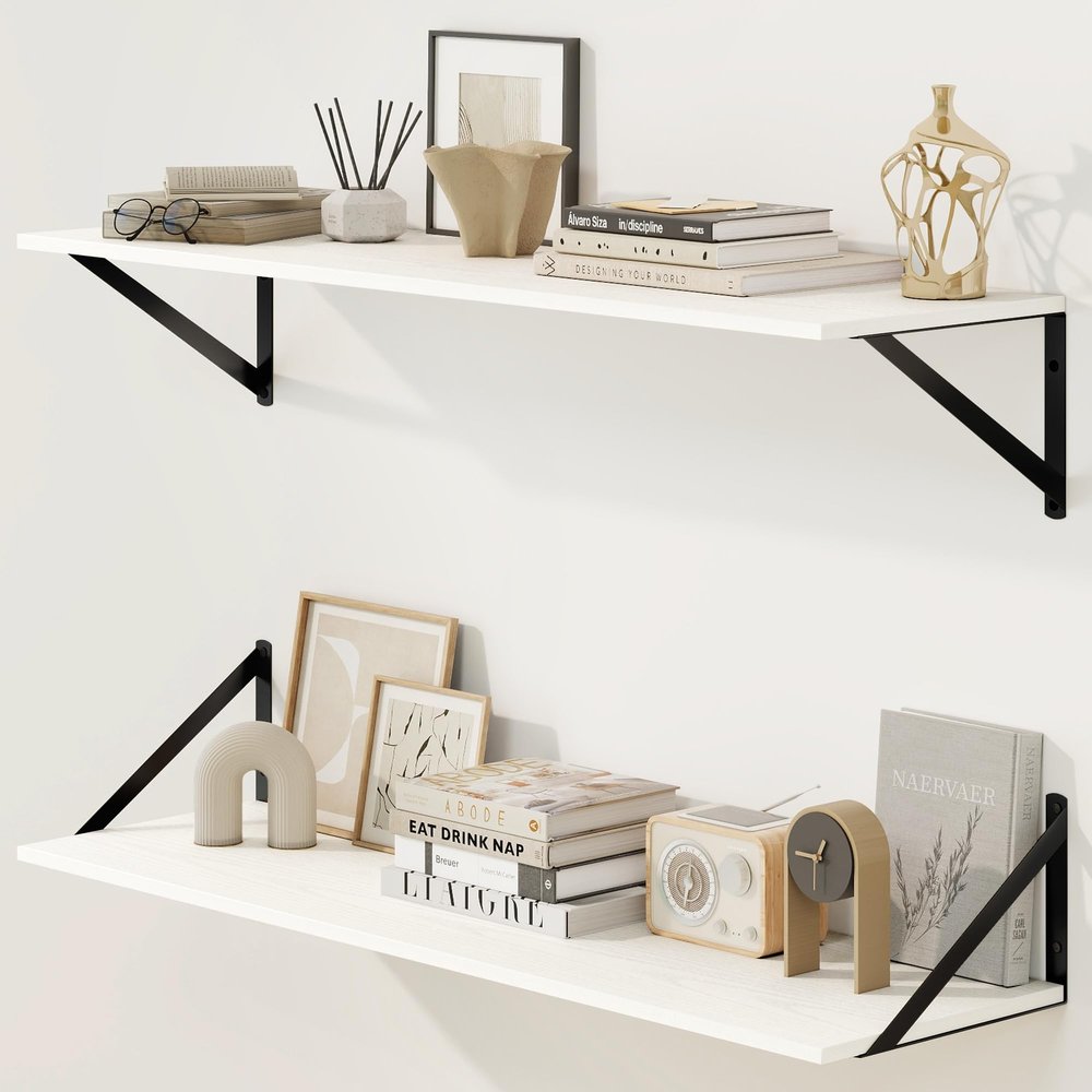 Fun Memories Deep Floating Shelves for Wall, 36W x 8D Wall Mounted Shelves Set of 2, Wide Display Ledge Shelf with Sturdy Metal Brackets for Living Room, Bathroom, Bedroom and Kitchen, White