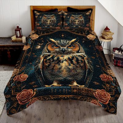 DESTACOZIE Personalized Owl Quilts - Owl with Book Quilt Set - Roses Bedding- Owls Pattern Bed Set for Boys Girls Men Women
