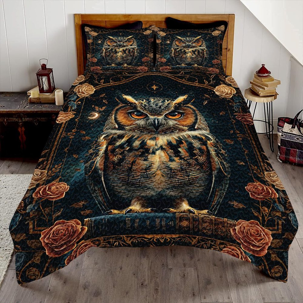 DESTACOZIE Personalized Owl Quilts - Owl with Book Quilt Set - Roses Bedding- Owls Pattern Bed Set for Boys Girls Men Women