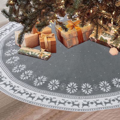 Dremisland Christmas Tree Skirt Rustic Christmas Tree Mat with Snowflake Reindeer Grey Knitted Xmas Tree Skirts Thick Knitted Xmas Holiday Decor New Year Home Party Decorations (Grey, 48inch/122cm)