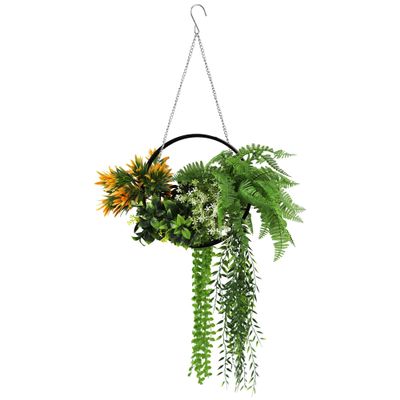 ECOOPTS 7 PCS Artificial Hanging Plants with Black Frame Faux Plants with S-Shaped Hooks for Indoor Outdoor Garden Home Bathroom Living Room Wall Decor (Green Orange)