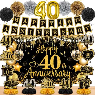 40th Wedding Anniversary Decorations Black Gold Happy 40th Anniversary Banner Backdrop Table Honeycomb Centerpiece Hanging Swirls Poms Decor for Men Women 40 Years Wedding Anniversaries Party Supplies