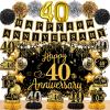 40th Wedding Anniversary Decorations Black Gold Happy 40th Anniversary Banner Backdrop Table Honeycomb Centerpiece Hanging Swirls Poms Decor for Men Women 40 Years Wedding Anniversaries Party Supplies view 1