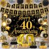 40th Wedding Anniversary Decorations Black Gold Happy 40th Anniversary Banner Backdrop Table Honeycomb Centerpiece Hanging Swirls Poms Decor for Men Women 40 Years Wedding Anniversaries Party Supplies view 2