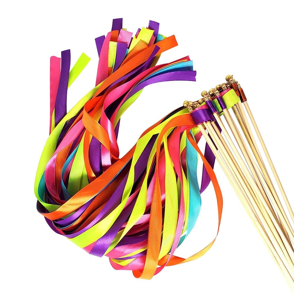 LKXHarleya 20 Pieces Silk Ribbon Streamers with Gold Bells, Party Ribbon Sticks Fairy Stick for Wedding Activities Celebration