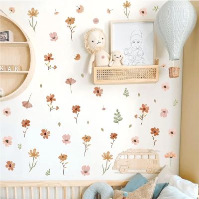 Small Flower Wall Stickers Boho Floral Wall Decals Watercolor Wildflower Decals Cute Flowers Stickers Removable Retro Floral Decal for Nursery Girls Bedroom Decor