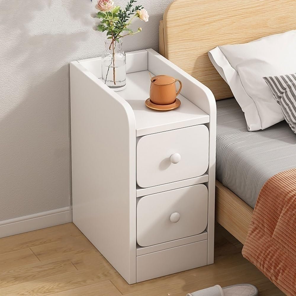 Bedside Table, Ultra-narrow Bedside Cabinet, Storage Multifunctional Ultra-narrow Cabinet, Simple Storage, Bedroom Simple Gap Bedside Cabinet, Slim Nightstand with Double Storage Drawers Organizer(Whi
