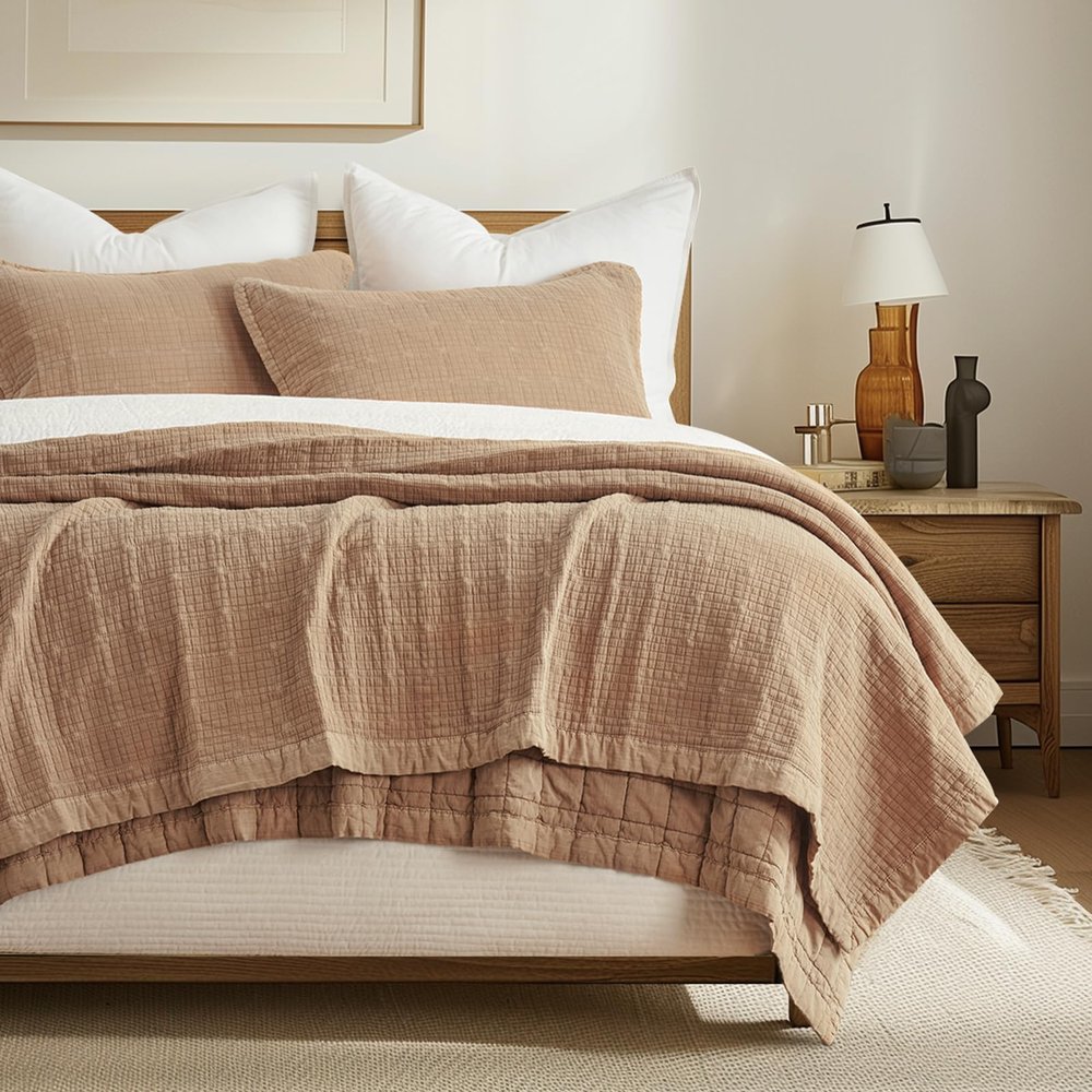 EVERGRACEHOME Stonewashed Cotton Quilt Set King Size, Ultra Soft Oversized Bedspread Coverlet Set, Lightweight Crinkle Box Stitch Bedding Sets for All Season, with 2 Shams, Blushed Terracotta