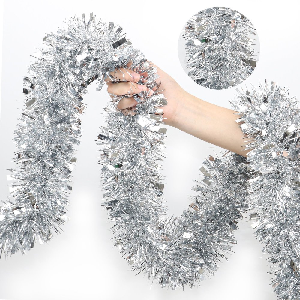 50 Feet Silver Metallic Twist Shiny Garland for Christmas Tree Decorations, Xmas Hanging Decor for Home Mantle Indoor Outdoor Holiday Party Supplies