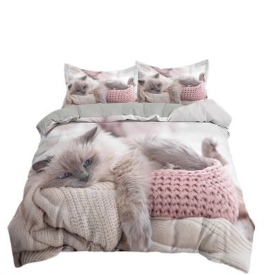 3D Cat Bedding Set Luxury Animal Duvet Cover with Pillowcase Flower Scenery Cute Cat Quilt Covers King Queen Full Twin Home Textile for Children Bedclothes with Pillow (US Queen,2)