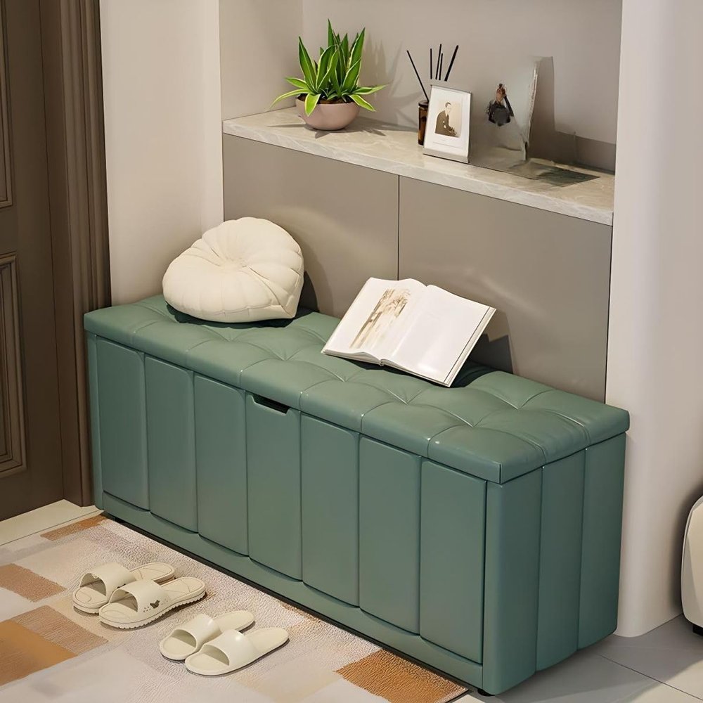 CraftThink Shoe Bench with Storage, Upholstered Cushion Hallway Shoe Storage Cabinet Shoe Rack with Flip Drawer & Seat Cushion for Bedroom Entryway (Green, 39.5" L x 16" W x 16.5" H)