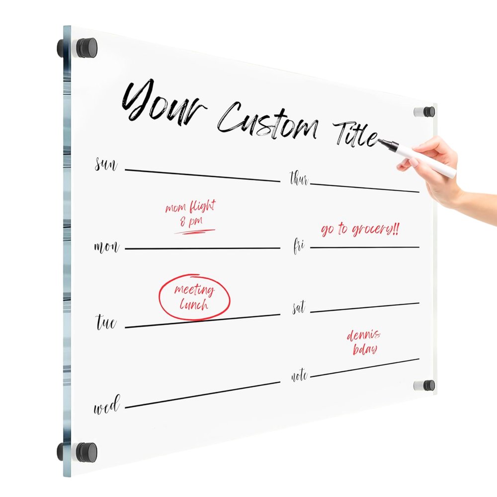 Acrylic Premium Large Reusable Calendar - Weekly Wall Dry Erase Board - Glass Calendar for Wall - Board for Office and Home - Black Hardware (24x18'' (Regular))