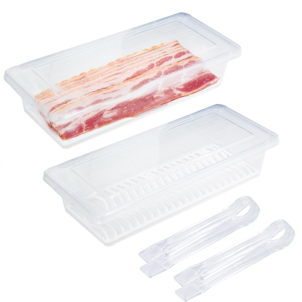 Caylielam 2-Pack Bacon Keeper Containers for Refrigerator, Airtight Fridge Meat Food Storage Boxes with Lids and Tongs, Clear and Reusable Plastic Fruit Cheese Eggs Serving Holder, Microwave Safe
