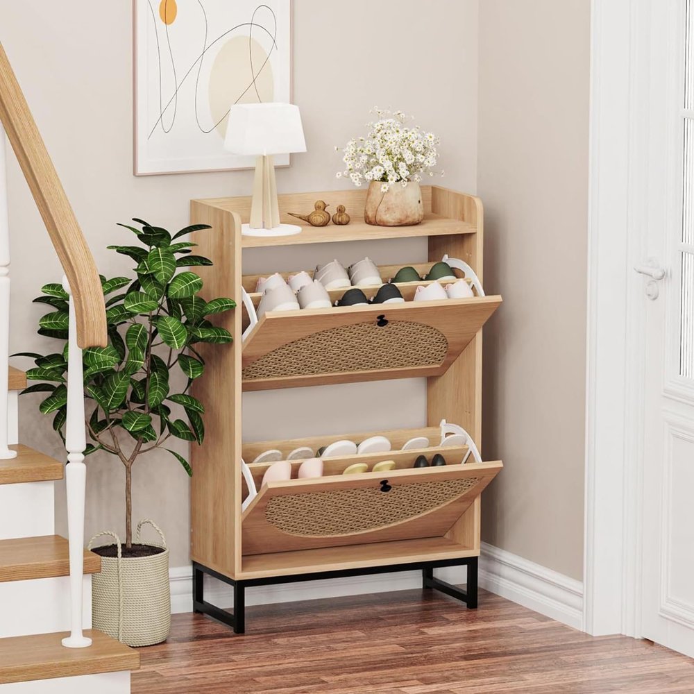 STIHBANTK 2-Tier Large Capacity Rattan Woven Shoe Cabinet with Flip Drawers, Narrow Accent Cabinet with Doors, Apartment Rubber Wood Console Cabinet for Entryway Hallway