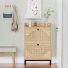 STIHBANTK 2-Tier Large Capacity Rattan Woven Shoe Cabinet with Flip Drawers, Narrow Accent Cabinet with Doors, Apartment Rubber Wood Console Cabinet for Entryway Hallway view 2