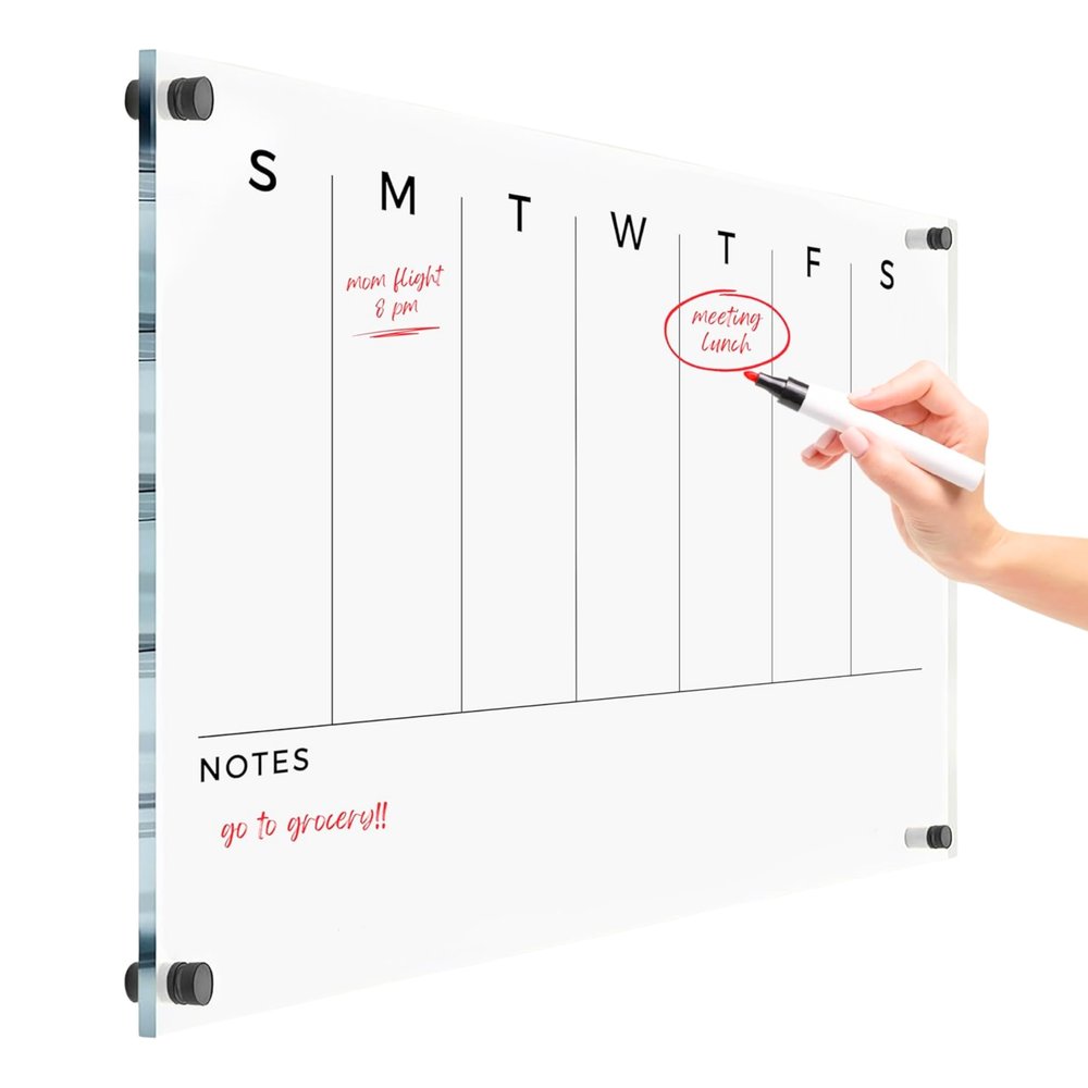 Weekly Premium Large Glass Calendar - Reusable Board for Office and Home - Dry Erase Board - Acrylic Wall Calendar for Family (18x14'' (Small))