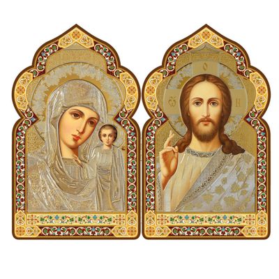 Needzo Christ The Teacher and Virgin of Kazan Catholic Orthodox Icon Diptych for Travel Home Display, Gold Foil Icons 7 1/2 Inch, Dome Shape Diptych, Religious Gifts