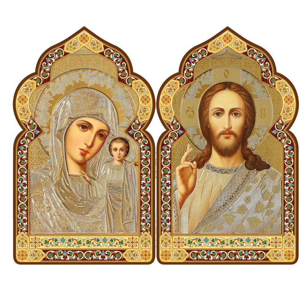 Needzo Christ The Teacher and Virgin of Kazan Catholic Orthodox Icon Diptych for Travel Home Display, Gold Foil Icons 7 1/2 Inch, Dome Shape Diptych, Religious Gifts