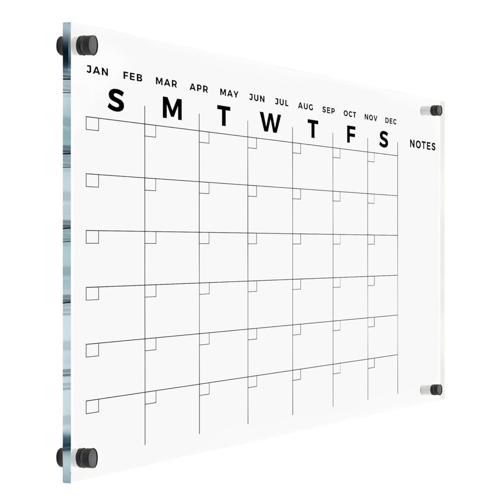 Acrylic Wall Premium Calendar with Black Hardware - Monthly and Weekly Board Family Planner - Dry Erase Family Calendar - Marker (24x18'' - Black Standoff)