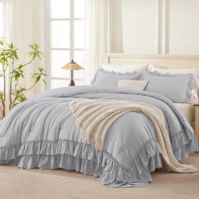 Andency Light Gray Ruffle Comforter Set King, Shabby Chic Farmhouse Bedding Comforter, Soft Lightweight Fluffy Microfiber Bet Set All Season 3 Pieces Solid Comforter Set