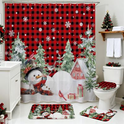 Lindameler 4Pcs Christmas Shower Curtain Set Cute Winter Snowman Pine Tree Christmas Bathroom Sets for Winter Holidays Bathroom Decor with Shower Curtain Bath Rugs Toilet Lid Cover Xmas Decor Sets