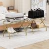 Smuxee Gold Luggage Rack Pack of 2, Foldable Suitcase Stand with Fabric Storage Shelf, Luggage Holder with 4 Nylon Straps for Hotel Guest Room Bedroom view 2