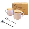 Acyhggi 14 oz Ceramic Coffee Mug Set of 2 with Solid Wood Lid & Spoon Stackable for Home/Restaurant. Microwave/Dishwasher Safe. Great for Latte, Ideal Wedding Gift in White view 1
