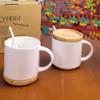 Acyhggi 14 oz Ceramic Coffee Mug Set of 2 with Solid Wood Lid & Spoon Stackable for Home/Restaurant. Microwave/Dishwasher Safe. Great for Latte, Ideal Wedding Gift in White view 3