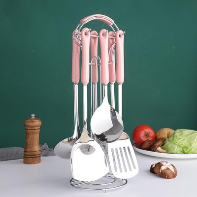 Cooking Utensils Set with Holder 7 Pieces Kitchen Stainless Steel Cookware Set Metal Kitchen Utensil Set with Heat Resistant Ceramic Handle for Home Restaurant Dishwasher Safe, Pink