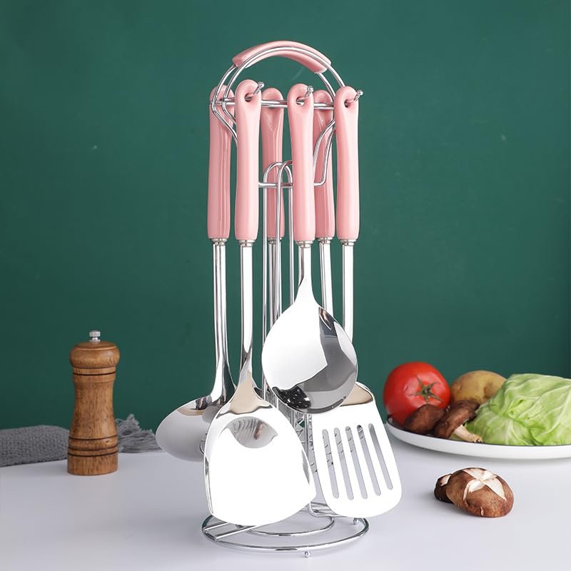 Cooking Utensils Set with Holder 7 Pieces Kitchen Stainless Steel Cookware Set Metal Kitchen Utensil Set with Heat Resistant Ceramic Handle for Home Restaurant Dishwasher Safe, Pink