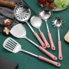 Cooking Utensils Set with Holder 7 Pieces Kitchen Stainless Steel Cookware Set Metal Kitchen Utensil Set with Heat Resistant Ceramic Handle for Home Restaurant Dishwasher Safe, Pink view 2