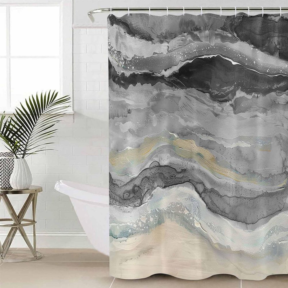 Anzona Gray Ombre Beach Waterproof Shower Curtains Set - Stall 54 x 78 Inch, Abstract Summer Coastal Waves Polyester Fabric Bathroom Curtain with 12 Hooks, Bathroom Accessories, 1 Panel