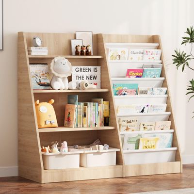 NACHES 4 Tier Kid Bookshelf Wooden 6 Sling Children Bookcase Toddler Montessori Bookcase Book Rack Display Toy Storage Organizer Book Display Shelf Stand Classroom Bedroom Nursery Playroom (Burlywood)