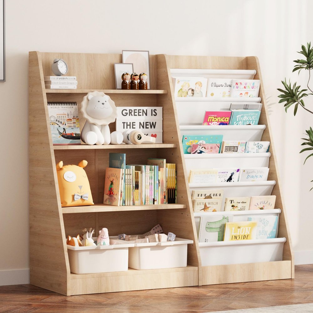 NACHES 4 Tier Kid Bookshelf Wooden 6 Sling Children Bookcase Toddler Montessori Bookcase Book Rack Display Toy Storage Organizer Book Display Shelf Stand Classroom Bedroom Nursery Playroom (Burlywood)