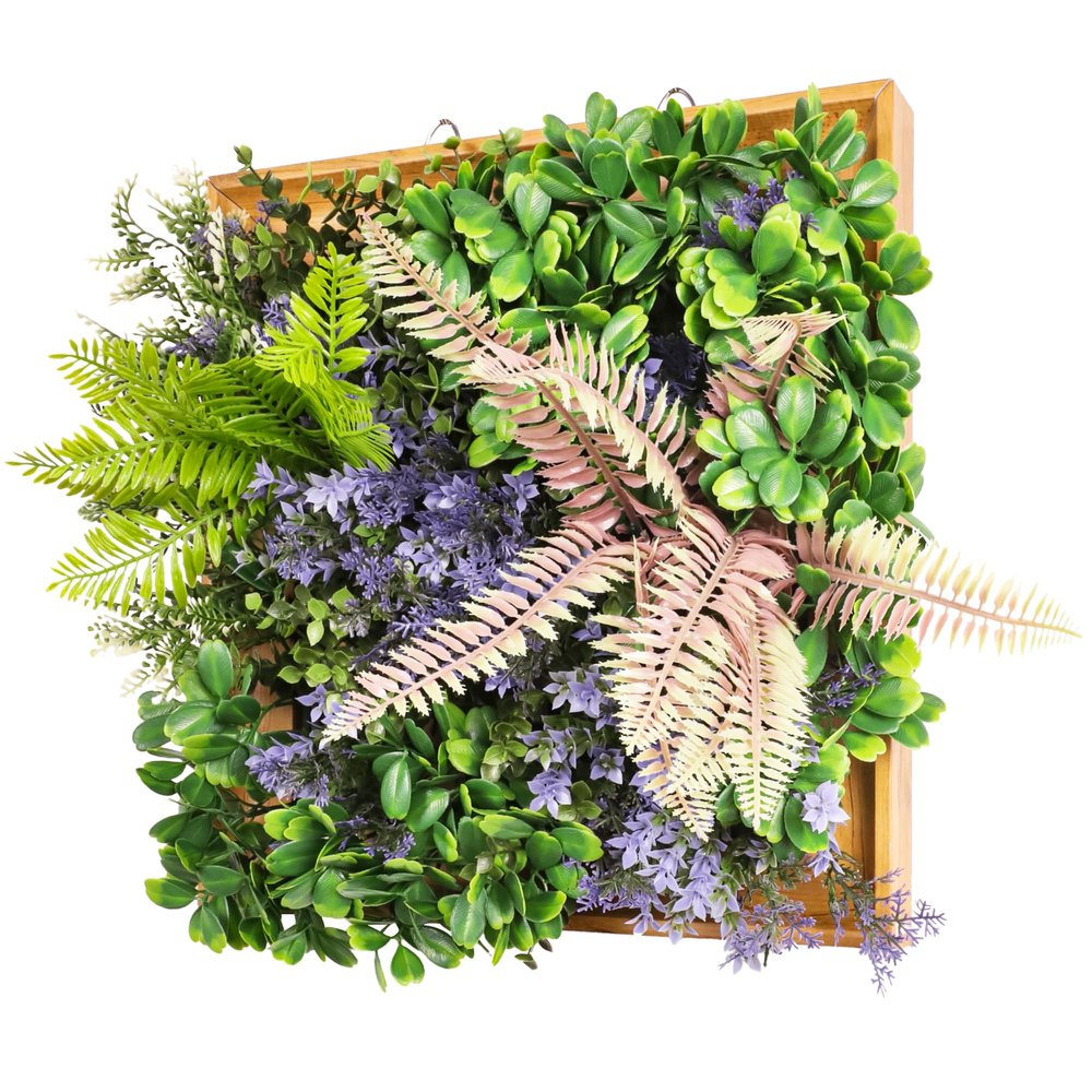 COARBOR 1 PCS Pcs Artificial Greenery Wall Plants 12"x12" Faux Plants with Square Wood Frame, Hanging Plant for Bathroom Bedroom Office Wall Decor Home Decor, Green Purple