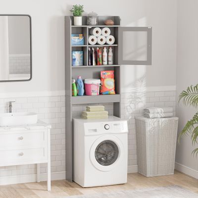 ZenStyle Over The Toilet Cabinet Double Door Wood Bathroom Storage Organizer with Adjustable Shelves, Cubby and Tempered Glass Door (Grey)