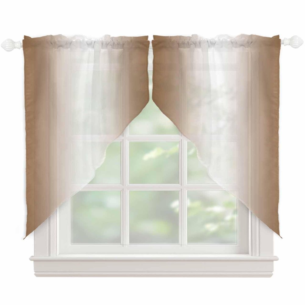 Ombre Brown White Swag Curtain Drapes 63 Inches Long 2 Panels Set,Contemporary Minimalist Gradient Semi-Sheer Curtain Drapes Rod Pocket Valance for Kitchen,Bedroom,Bathroom,Cafe Window 72" Wx63 L