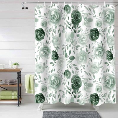 Anzona Green Floral Waterproof Shower Curtains Set - Stall 54 x 78 Inch, Abstract Watercolor Flowers Polyester Fabric Bathroom Curtain with 12 Hooks, Bathroom Accessories, 1 Panel