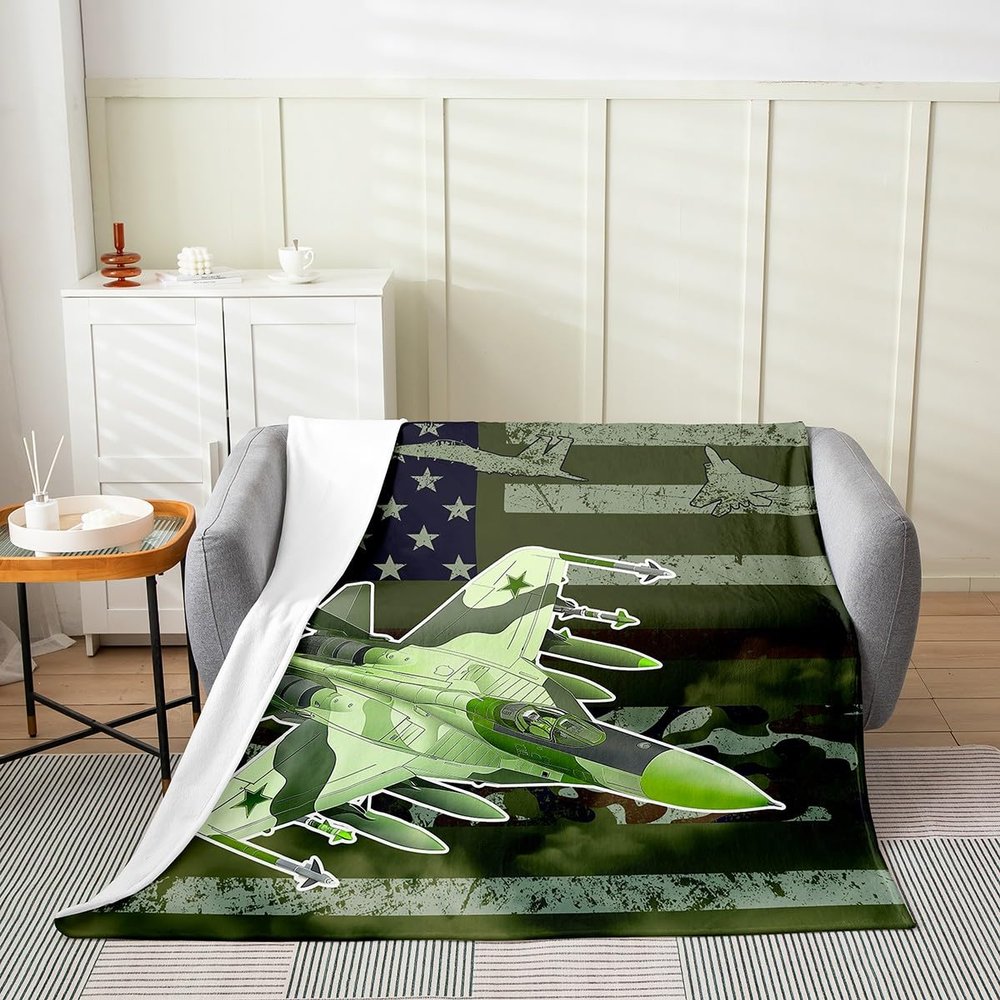 Fighter Plane Throw Blanket For Kids Boys,Usa National Flag Airplane Blanket Twin 60x80,Fighter Flight Fleece Blanket,Camouflage Sherpa Blanket For Home Room Decor,Air Force Theme Fuzzy Blanket