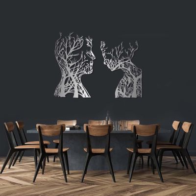 Abstract Face Metal Tree Wall Art, Decorative Branches, Tree Branch Art, Woman & Man Metal Wall Decor, Abstract Artwork, Modern Decorations, Living Room Decor (Silver, 24"x(17"+15") | 60x(43+38)cm)